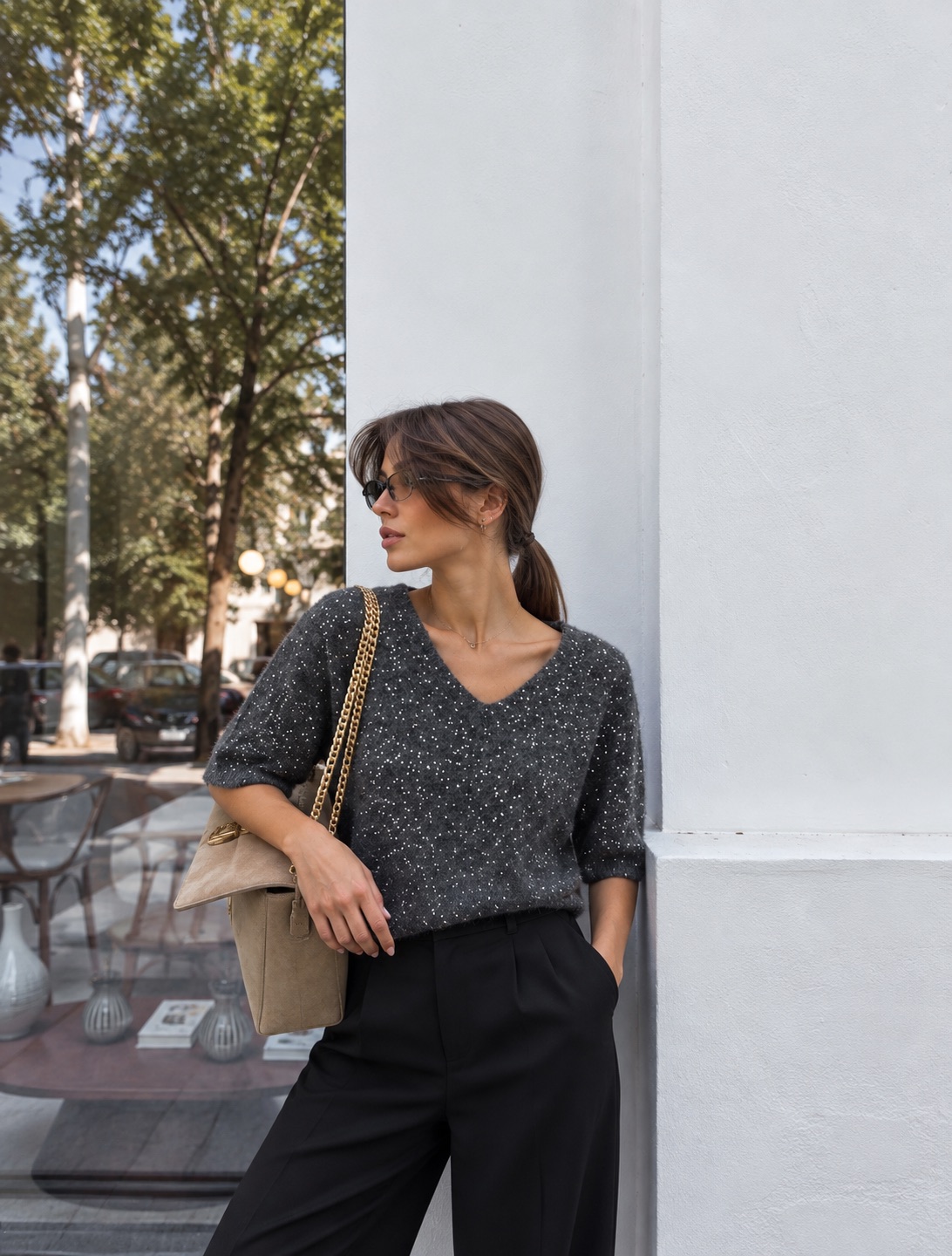 Sequin V-Neck Knit Top