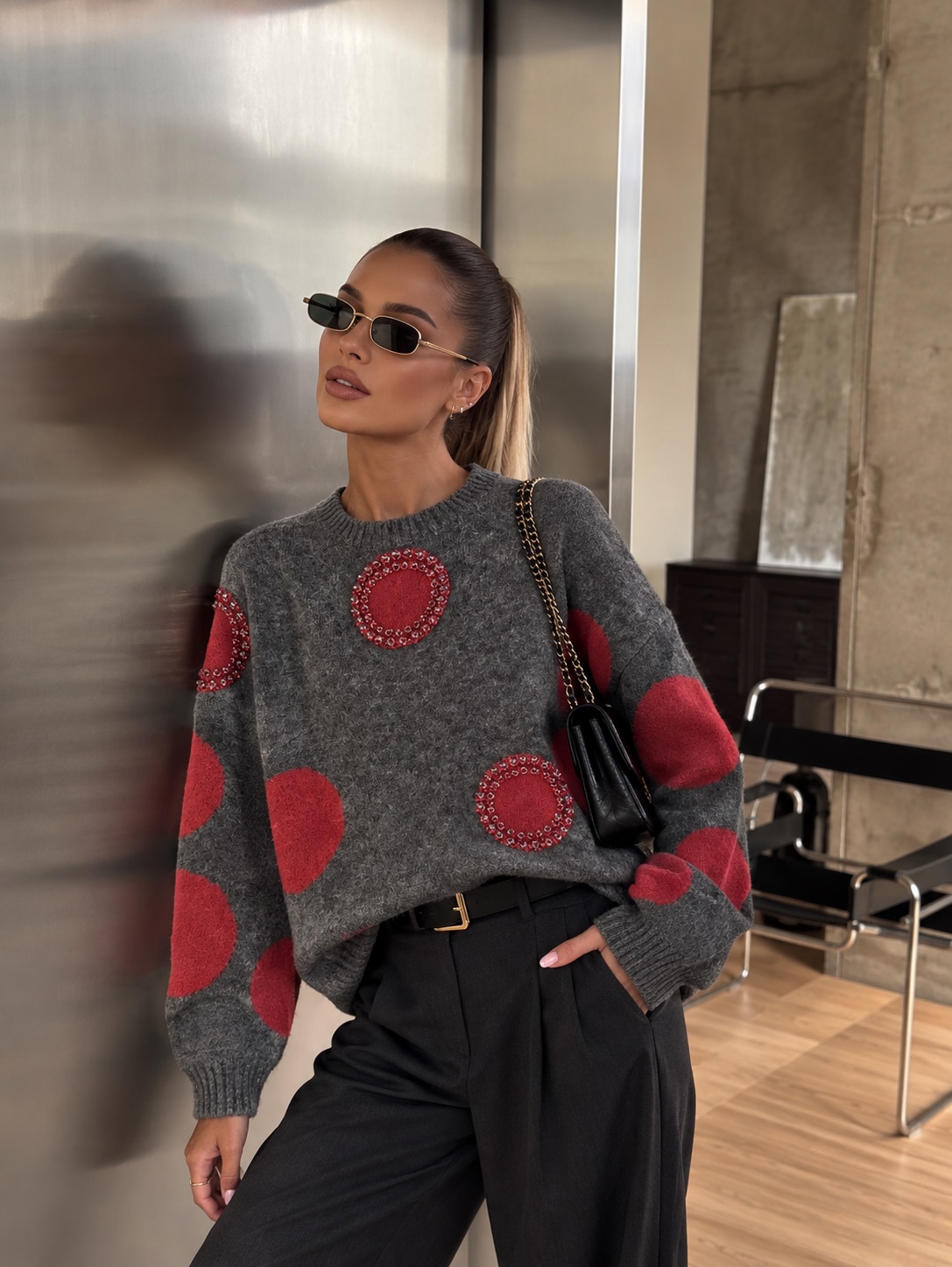 Embellished Polka Dot Knit Sweater