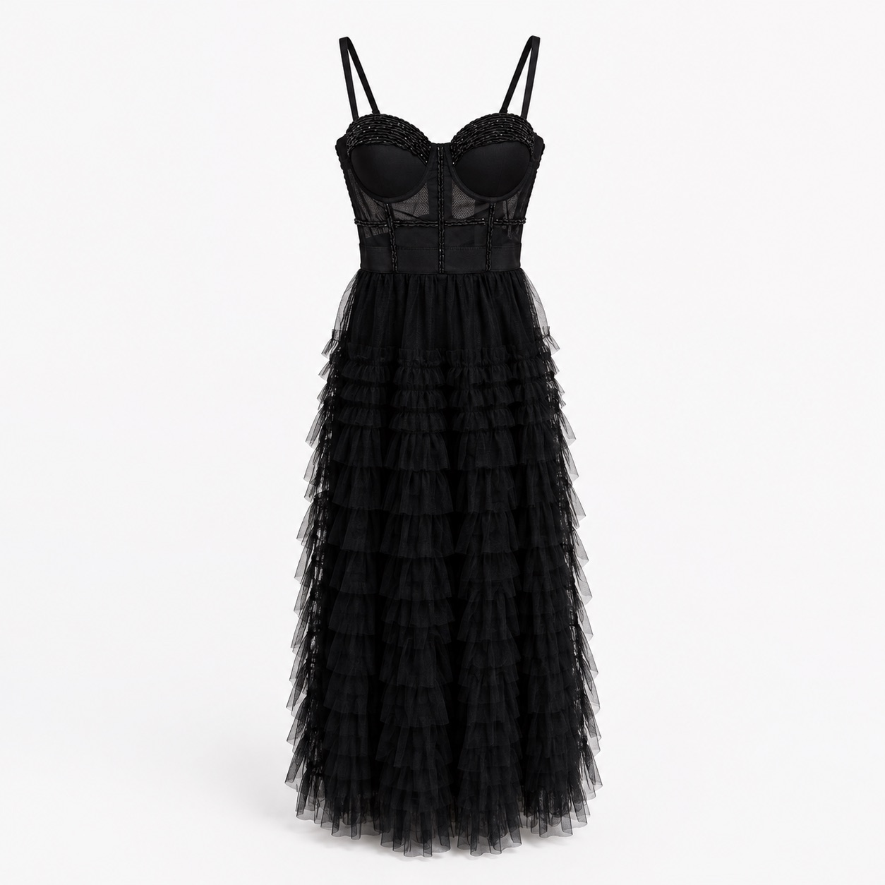 Black Corset Ruffle Maxi Dress 2
