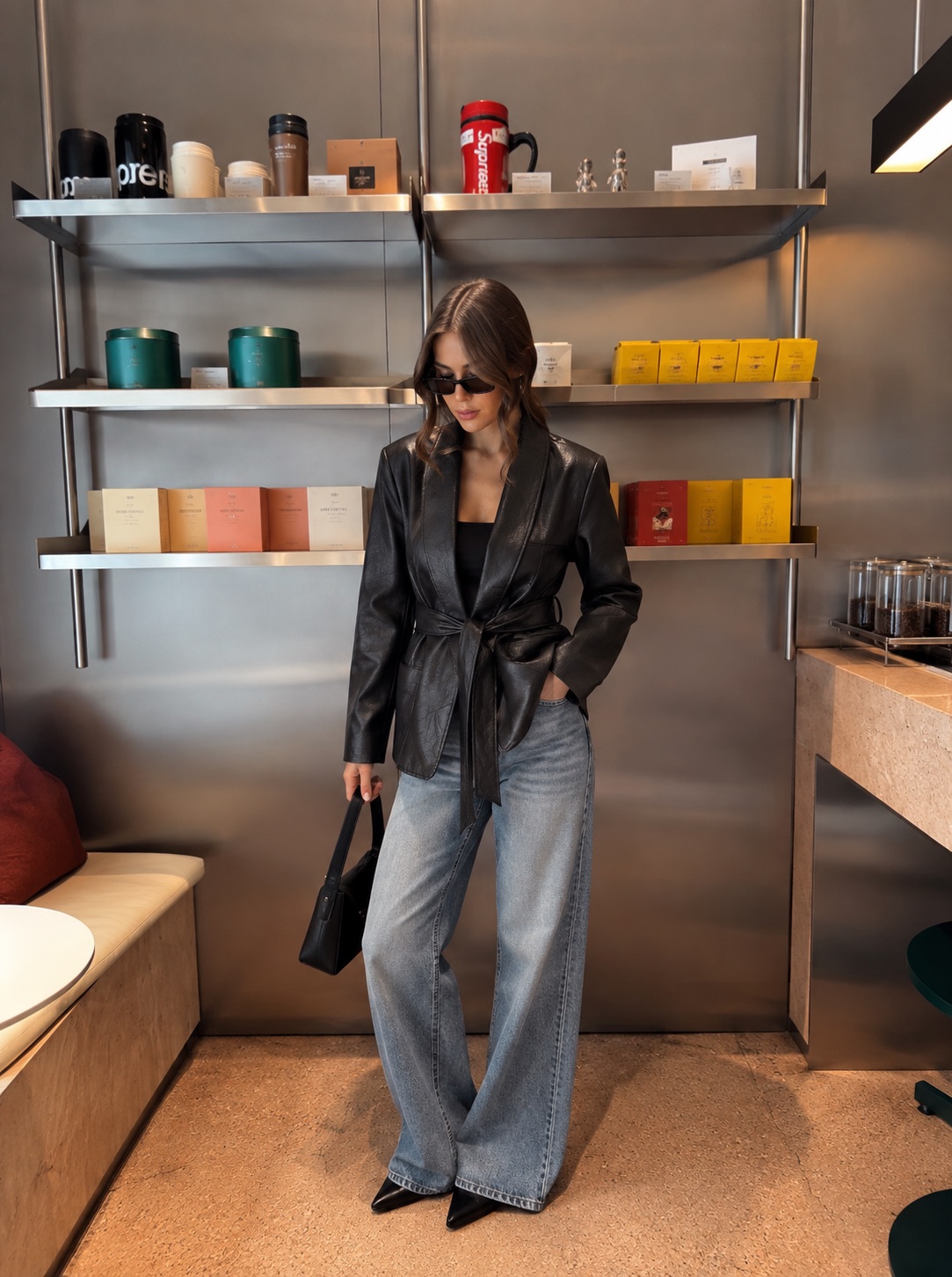 Belted Leather-Effect Blazer